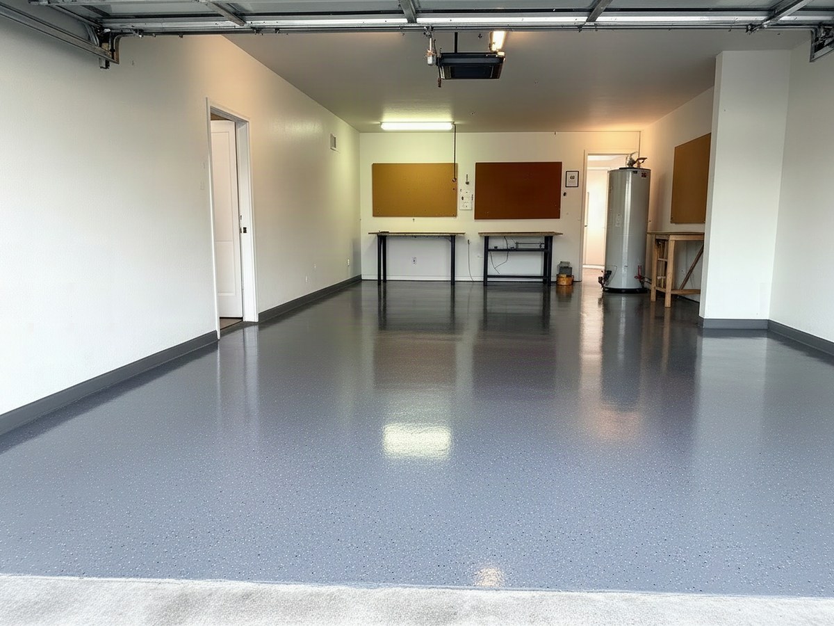 Illustrative example: the same garage floor finished in seamless high-gloss grey flake epoxy with a cove base, after coating