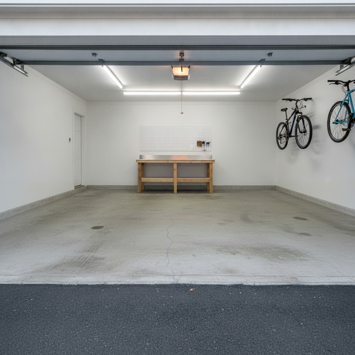 A worn, stained bare concrete floor before an epoxy coating