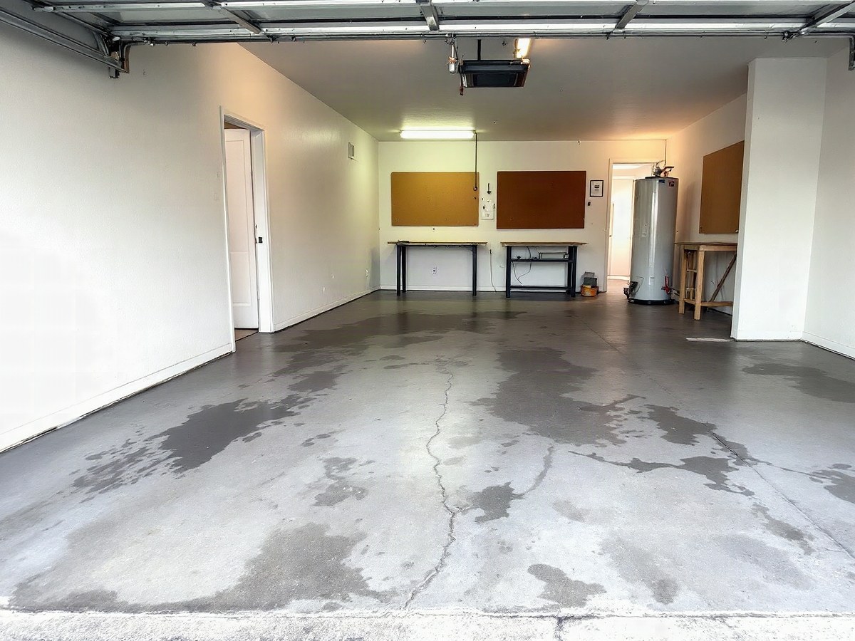 A Chattanooga two-car garage’s bare concrete floor with oil stains, tire marks, pitting and a long crack, before an epoxy coating
