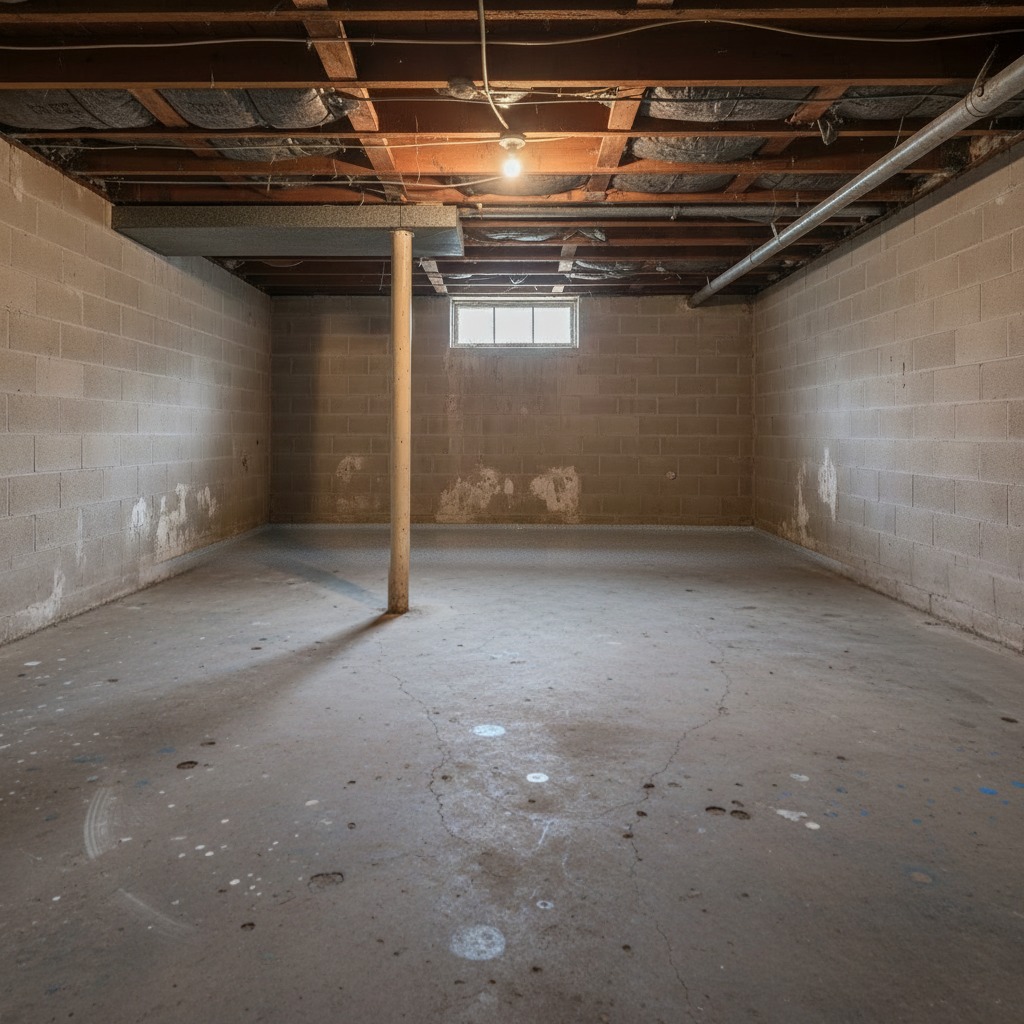 A stained bare concrete garage floor before coating