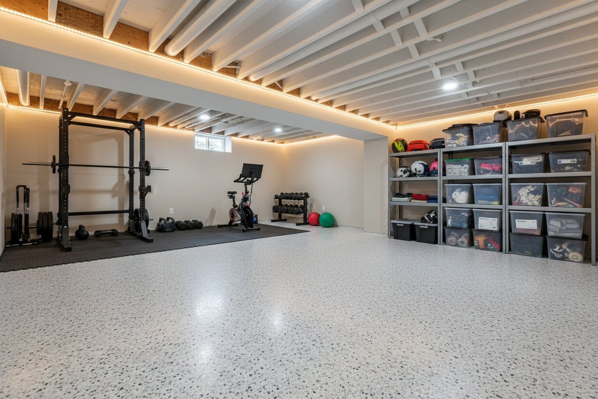 A finished Chattanooga basement with a flake epoxy floor, illustrative example