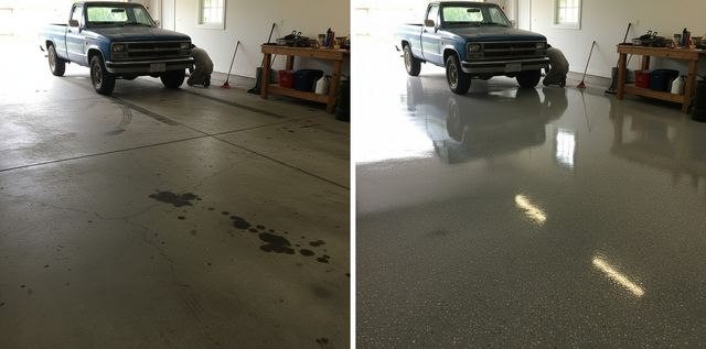 Before and after photos of a customer's concrete floor coated with epoxy
